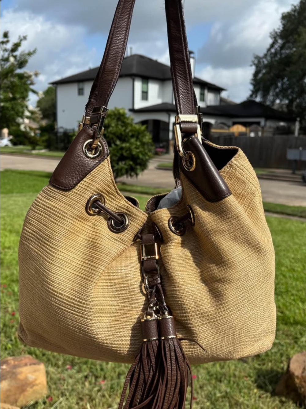 Michael Kors Beige Woven Shoulder Bag with Dark Brown Leather Trim